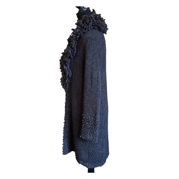 Chico's Duster Cardigan Women's Medium Size 1 Black Gray Knit Fringe Clasp Close - Picture 3 of 14